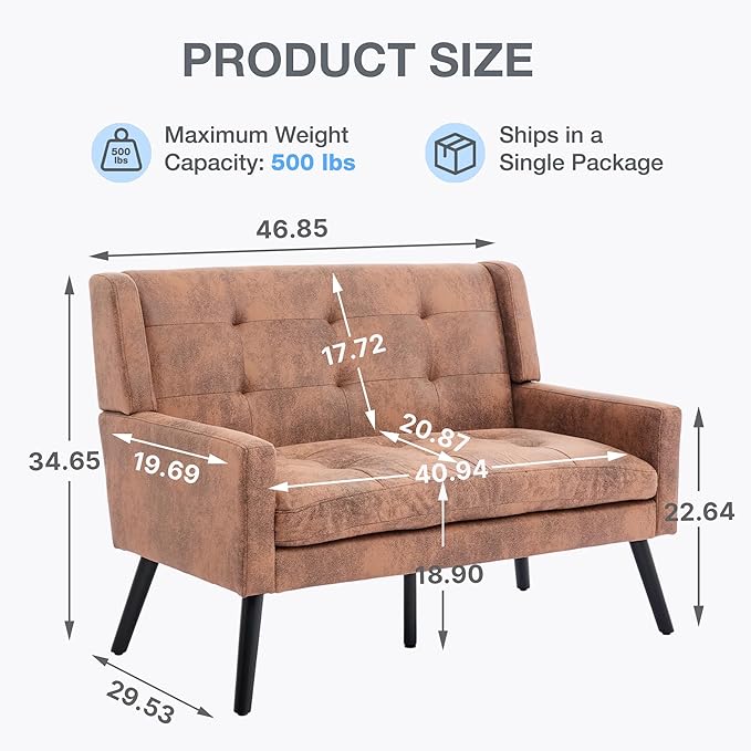 Mid-Century Modern 47 Small Loveseat &amp 2 Accent Chair Set Plush Suede Fabric with Button Tufted High Back &amp Solid Wood Legs for Apartment Living Room Bedroom Home Office (Brown 3-Piece S