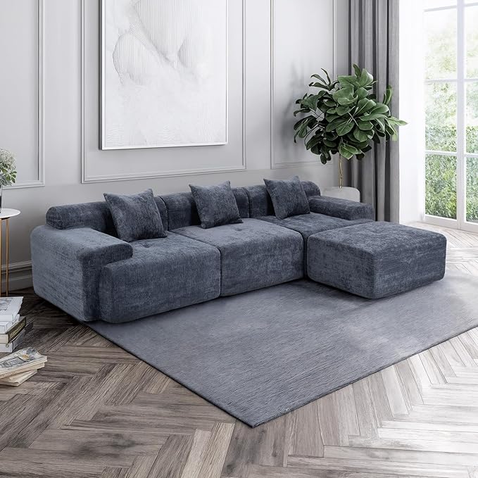 119’’ Modular Sectional Sofa Cloud Sectional Couch with Deep Seat Modern Modular Compression Sofa Couch with Chaise Upholstered Couches Throw Pillows for Living Room Bedroom Blue