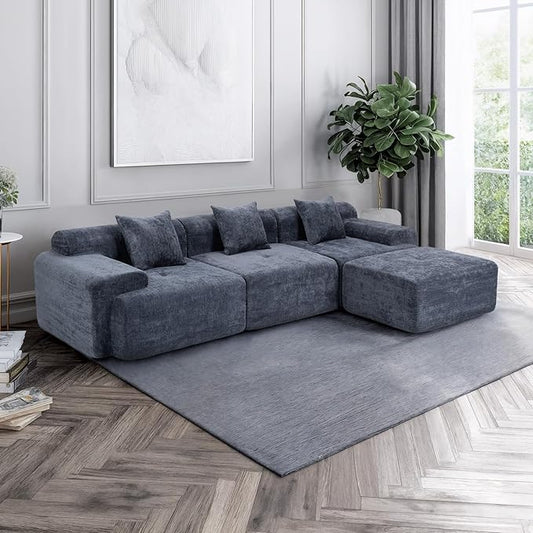 119’’ Modular Sectional Sofa Cloud Sectional Couch with Deep Seat Modern Modular Compression Sofa Couch with Chaise Upholstered Couches Throw Pillows for Living Room Bedroom Blue