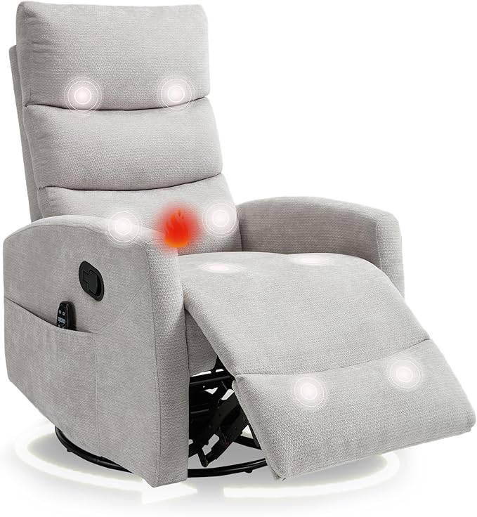 cinkehome Small Swivel Rocker Recliner Chair with Heated Massage Upholstered Nursery Glider Recliner Chair High Back Side Pocket (Beige Chenille Fabric)