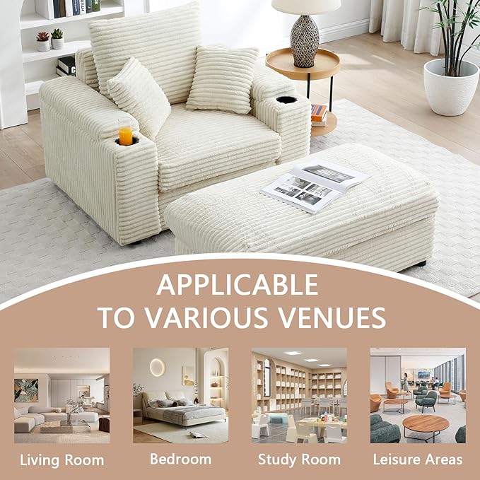 43.3”W Oversized Accent Chair with Ottoman &amp Storage Modern Corduroy Reading Chair with Cup Holder &amp Pillow Comfy Upholstered Deep Seat Armchair for Living Room Bedroom (Cream)