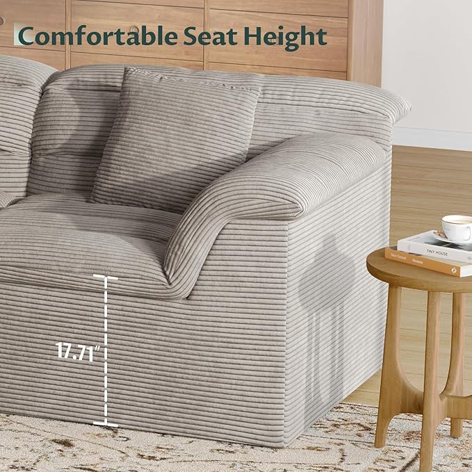 112 Modular Cloud Sectional Couch with Ottoman Modern Upholstered Compressed Sofa with Deep Seat Comfy L-Shape Corduroy Couches for Living Room No Assembly Required Light Gray