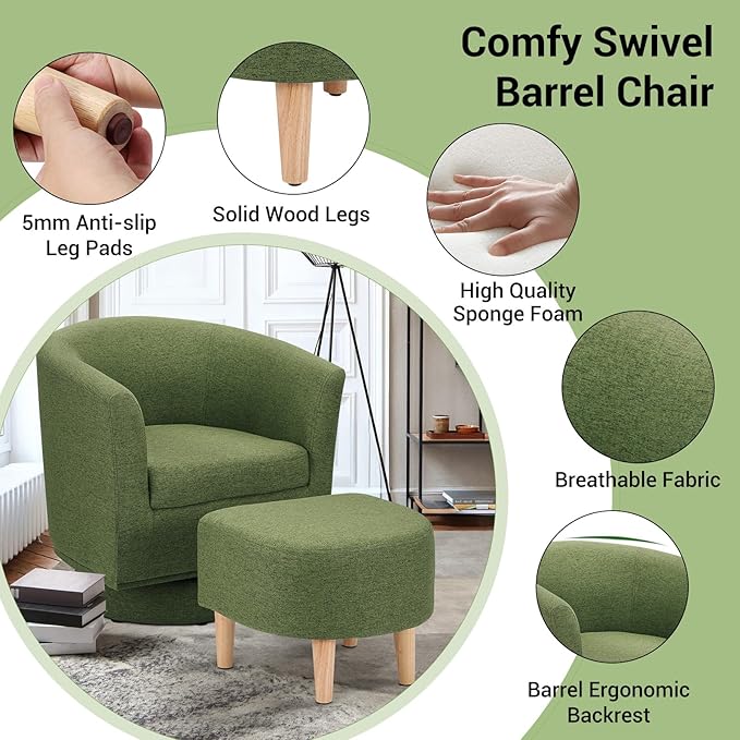 DAZONE Accent Chairs Set of 2 Green Barrel Chair with Ottoman Comfy Armchair for Small Spaces 360° Modern Fabric Lounge Chair for Living Room Bedroom Reading Nook Home Office