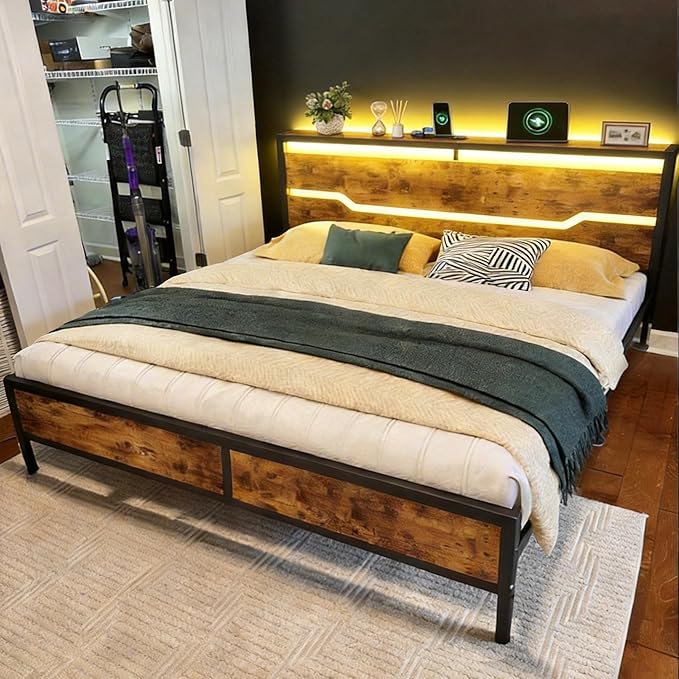 King Size Bed Frame with LED Lights &amp Charging Station King Bed Frame and Headboard13 Under Bed Storage Noise-Free Heavy Duty Metal Support Modern Brown