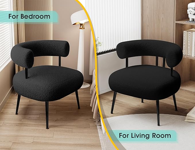 Mid Century Sherpa Boucle Accent Chair Round Upholstered Barrel Arm Chair for Small Spaces Fluffy Side Corner Sofa Chair for Living Room Bedroom Vanity Office Reading Nook