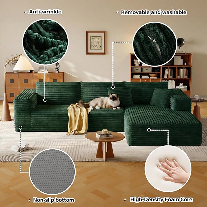 108.2 Modular Sectional Sofa with Deep Seat Boneless L Shaped Corduroy Couch Modern Comfort Cloud Couch Oversized for Living Room No Assembly (Right Facing ChaiseGreen)