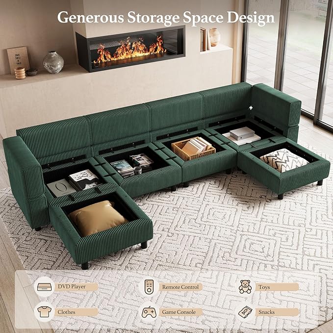 114.2 U-Shaped 6-Seater Convertible Sectional Sofa Corduroy Modular Sleeper with Deep Storage Seat &amp Movable Ottoman Green
