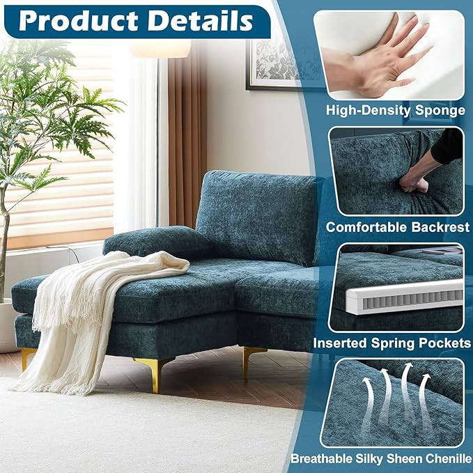 VINGLI 110 Large U-shape Sectional Sofa Couch with 51D Double Chaise for Living Room Modern Sectional Couch Set with Soft 5.9 Thickness Seating Padding Chenille Fabric Metal Gold Legs(Rich Cyan)