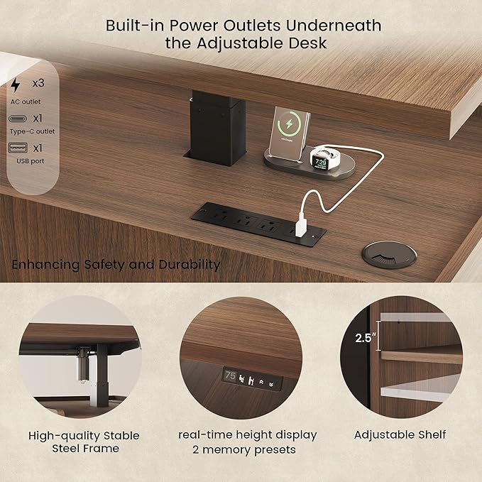 Executive Standing Desk with Drawers &amp Storage 70.8'' Adjustable Electric Stand Up Wood Desk with Privacy Panel AC/USB File Cabinet Large One-Piece Desktop for Home Office Black Walnut