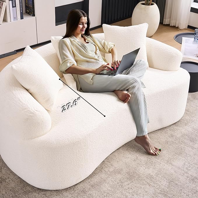 65'' Modern Curved Cloud Loveseat Sectional Sofa for Small Spaces Luxury Plush Chenille Deep Seat Couch with 3 Pillows No Assembly Needed Apartment Living Room Furniture Beige