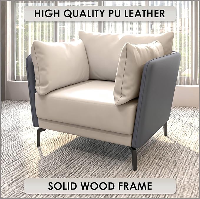 LeisureMod Modern Single-Seater Sofa Couch Contemporary Lounge Accent Side Armchair Upholstered PU Leather with Metal Legs and Foam Filled Seat for Living Room Office Bedroom Luxify Series in Grey