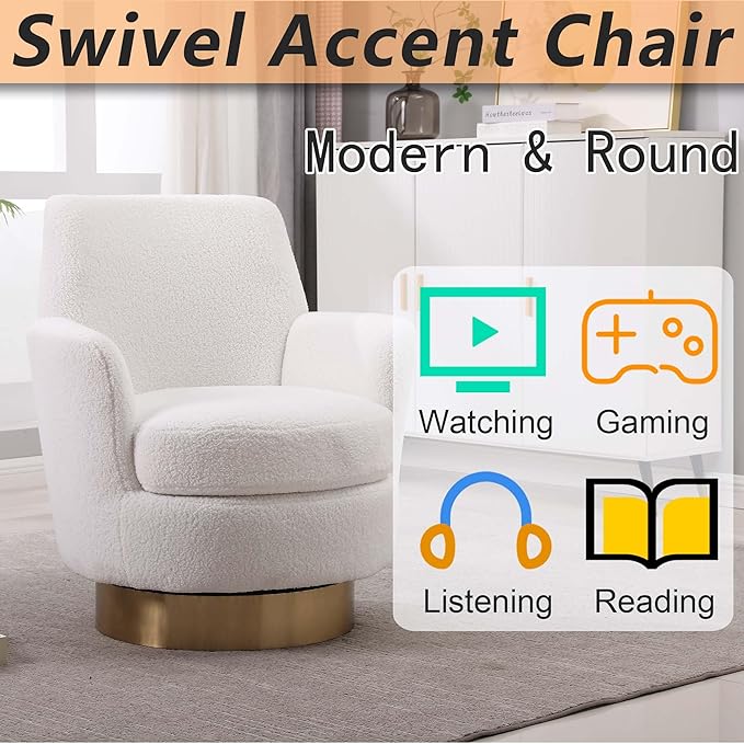 Teddy Swivel Accent Chairs for Living RoomComfy Swivel Barrel Chair with Foam Cushion Round Swivel Chair &amp Boucle Swivel Chair with High Back Round Armrest Gold Base (White)