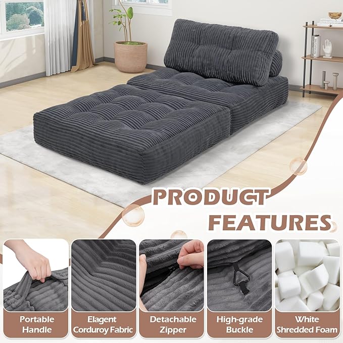 Folding Sofa Bed Convertible Sleeper Chair with Pillow &amp Handle Foldable Mattress Futon Chair Bed Lounge with Back Support Comfy Floor Sofa for Living Room Bedroom Grey Single