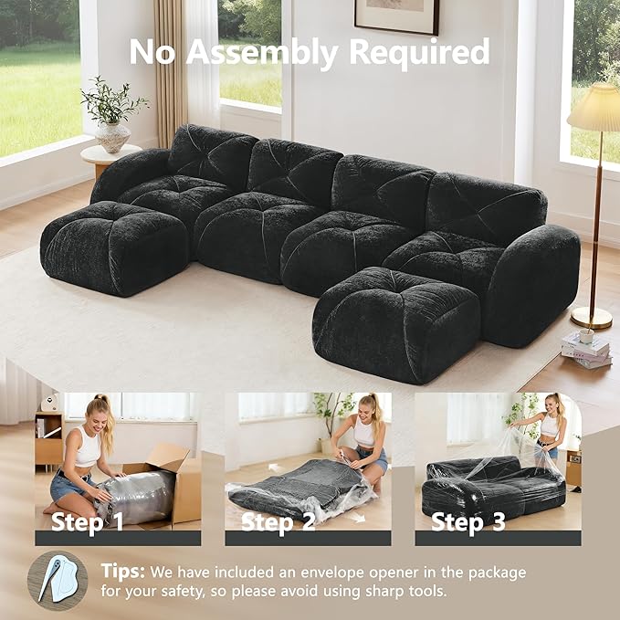 140 Sectional Modular Cloud Couch Boneless Couches with Deep Seat Convertible 4-Seater Sofa Set with 2 Ottomans for Living Room Bedroom Office Black