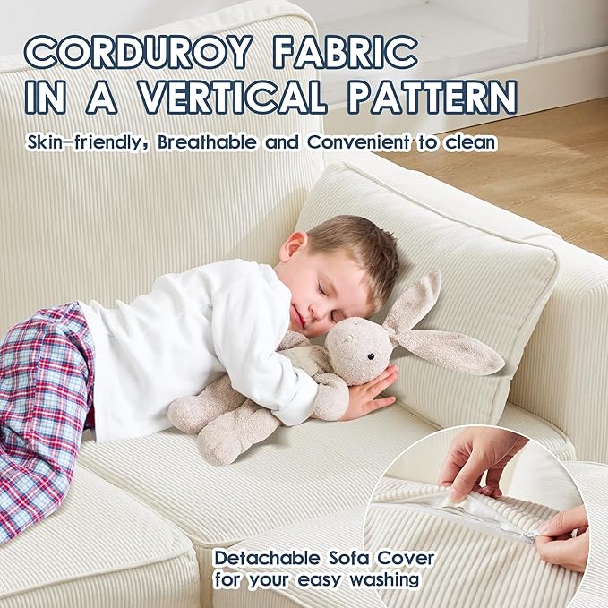 Convertible Sectional Sofa Couches for Living Room with Movable Ottoman 3 Seat 80 L Shaped Sofa with USB Ports&amp2 Pockets Corduroy Fabric Sofa Recliner for Apartment Small Place (White)