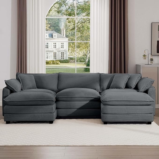 Oversized Modular Sectional Sofa 114.5'' Modern Corduroy Comfy Cloud Couches for Living Room Apartment U-Shaped Deep Seat 3-Seater Sofa with Two Movable Ottoman Grey