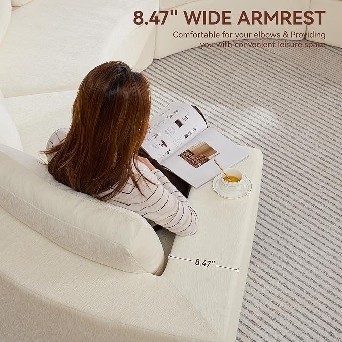 119'' Curved Round Boneless Sofa Oversized Modular Sectional Sofa with Deep Seat &amp Arms Chenille Memory Foam Sofa with Pillows Upholstered Comfy 4 Seat Couch for Living Room White