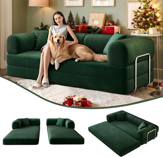 4-in-1 Corduroy Convertible Sleeper Sofa Bed 78.8 Boneless Couch with Pull-Out Bed No Assembly Required Futon Loveseat Floor Mattress with Stainless Fixed-Shape Frame for Living Room (Green) | Clo