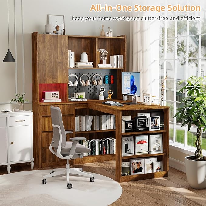 L Shaped Desk with Hutch and 4 Drawers Computer Desk with USB Ports Power Outlets &amp LED Light Wood Corner Computer Desks with Storage Shelves for Home Office Brown Right Long