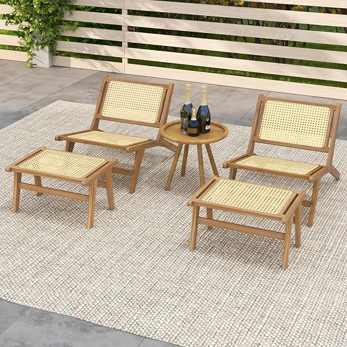 Tangkula Mid Century Modern Accent Chair with Ottoman Farmhouse Handwoven Rattan Living Room Chair with Teak Wooden Frame for Indoor Lazy Lounge Chair for Home Bedroom Office