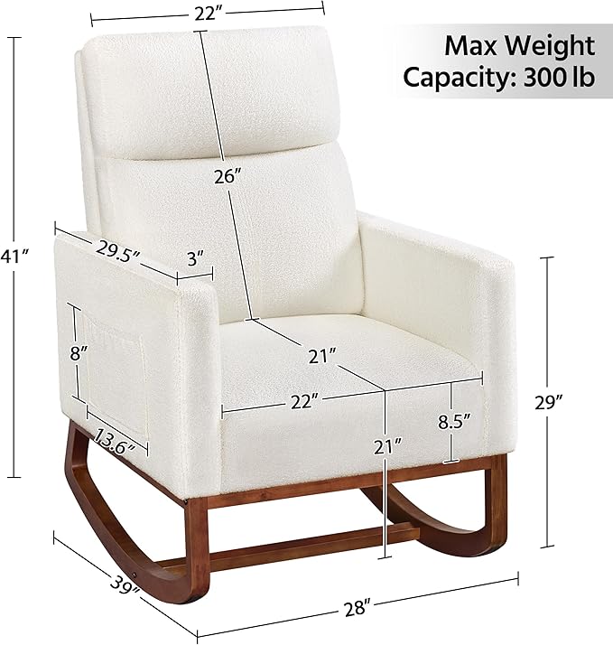 Yaheetech Boucle Living Room Chair Modern Upholstered Rocking Accent Chair Glider Chair Nursery Chair with Side Pocket and High Back Armchair for Living Room Bedroom Lounge Ivory