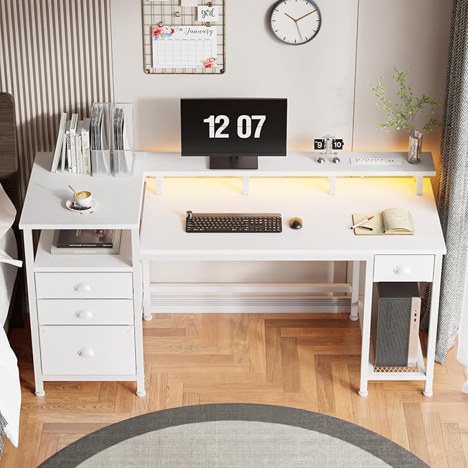 Furologee 60 White Office Computer Desk with 4 DrawersGaming Desk with LED Lights and Power OutletsLong Desk with Fabric File CabinetStudy Writing Work Table with Shelf for Bedroom Home Office