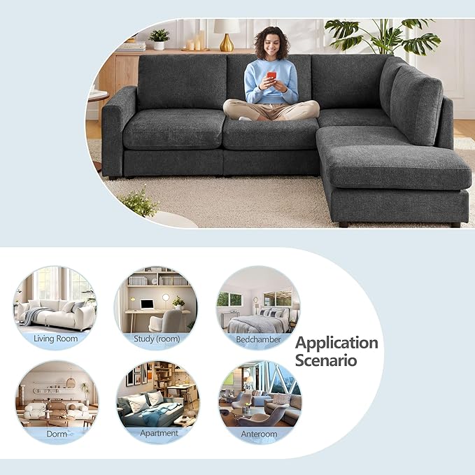 100 L Shaped Couch with Chaise Sectional Couches for Living Room Modern Modular Sofa with Upholstered Couches with Chenille Fabric Couchs Deep Seat Sectional Couch (Gray 100)