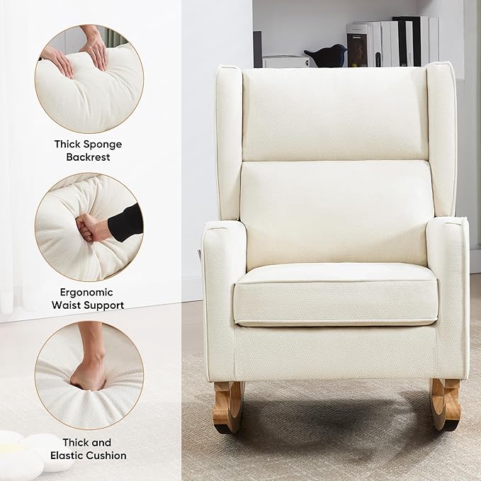 Nursery Rocking Chairs Rocking Chair Nursery for Mom Nursery Rocker with High Backrest and Solid Wood Legs Modern Wingback Accent Chair Set of 2 for Reading Living Room Bedroom Beige