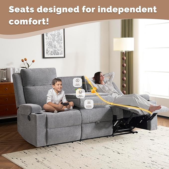 2 Piece Living Room Sofá Set Modern Chenille Reclining Sofa Set with Convertible Center Console &amp Storage Ottoman Space-Saving Couch for Home/Bedroom/Apartment (Grey)