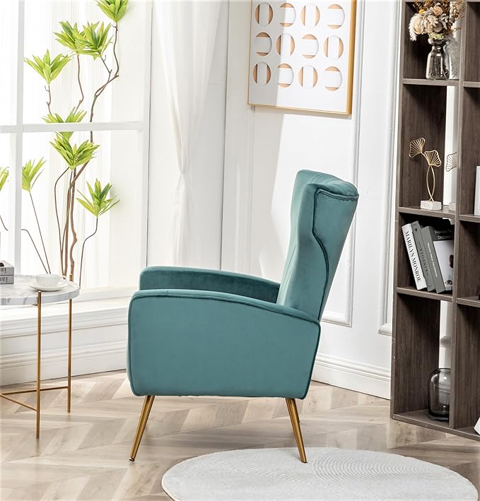 Modern Velvet Accent Chair Channel Tufted Bedroom Office or Living Room Furniture with Elegant Metal Legs 26 Wide Armchair Teal