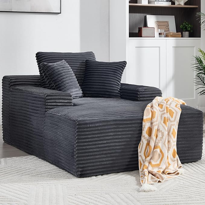 66 Oversized Chaise Lounge Chair Indoor Corduroy Upholstered Sofa Bed with Pocket Springs&ampHigh-Density Foam Deep Seat Sleeper Couch with 3 Pillows No Assembly for Living Room (Dark Grey)