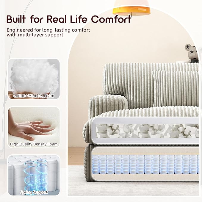 Cloud Couch Sofa Bed Oversized Chaise Lounge Chair Indoor 95.6” W Double Boneless Corduroy Upholstered Reading Chair Fluffy Sleeper Sofa Couches for Living Room No Assembly Required (Grey)