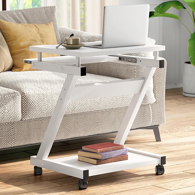 sogesfurniture Mobile Compact Computer Desk Cart for Small Spaces Portable Computer Desk Small Rolling Work Workstation for Home and Office with Printer Shelf Keyboard DrawersWhite