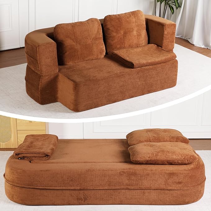 Folding Sofa Bed 78.7 Extra-Long Convertible Sofa Bed with 2 Pillows &amp Blanket 14.6 Thick High-Density Foam Boneless Couch for Bedroom Living Room Apartment Brown