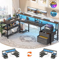 Aheaplus L Shaped Desk with Power Outlet Reversible L Shaped Computer Desk with File Drawer &amp Monitor Stand Gaming Desks with LED Strip Home Office Desks with Storage Shelf Grey Oak
