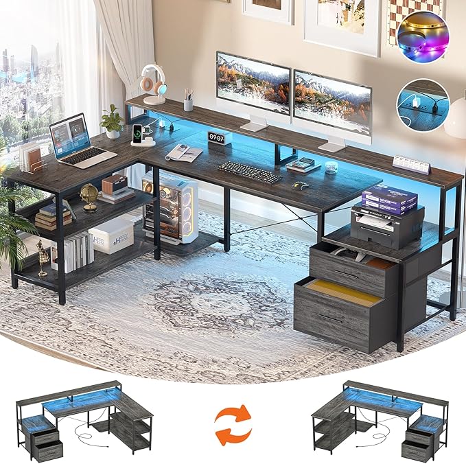 Aheaplus L Shaped Desk with Power Outlet Reversible L Shaped Computer Desk with File Drawer &amp Monitor Stand Gaming Desks with LED Strip Home Office Desks with Storage Shelf Grey Oak