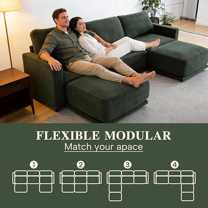 112 Modular Sectional Couches for Living Room U-Shaped Modern Sofa with Ottomans 5-Piece Chenille Sofa Set for Home Furniture Dark Green