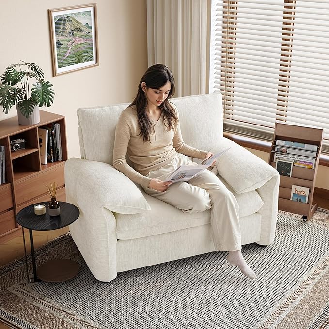 ONBRILL Oversized Accent Chair 41 Inch Chenille Fabric Armchair Comfy Single Sofa Chair with Padded Arms Pocket Spring Cushion Modern Reading Chair for Living Room Bedroom Beige