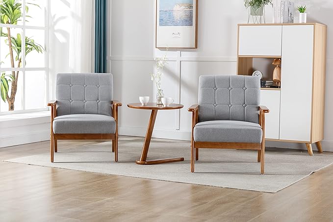 QiMaieeUSA Mid Century Modern Accent Chairs Set of 2 with Side Table Wood and Fabric Armchairs Side Chair Lounge Reading Comfy Arm Chair for Living Room Bedroom Office