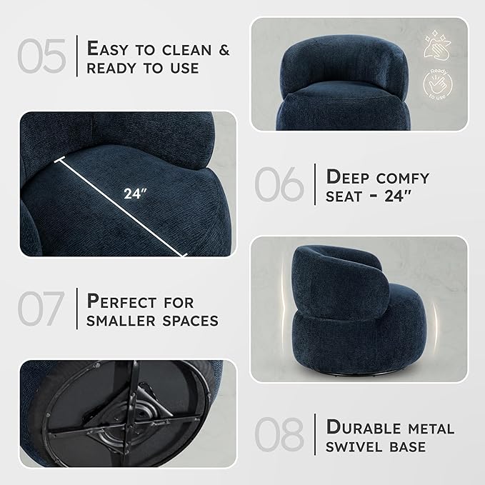 Lexicon Modern Barrel Swivel Accent Chair - Upholstered Soft Chenille Fabric with Metal Base 360 Degree Round Swivel Accent Chair for Living Room Bedroom Office No Assembly Required Blue