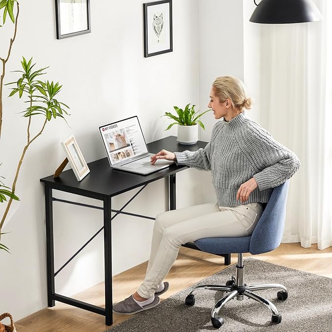 Sweetcrispy Small Computer Desk55 Inch Office Writing Work Desk with Metal Frame Wooden Tabletop Student Study Home Bedroom Table with X-Shaped Reinforcement Black
