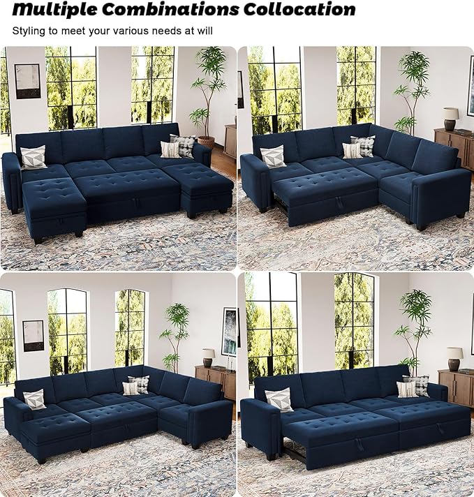 Belffin Pull Out Sofa Bed Module Part for Modular Sectional Sleeper Sofa Armless Loveseat with Pull Out Bed for Sectional Couch Blue