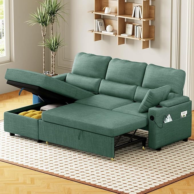 Pull Out Couch L Shaped Convertible Sleeper Sofa Bed with Hidden Storage for Living Room Apartment 3-in-1 Linen Sectional with Side Pocket Charging Station Cup Holder (Green)