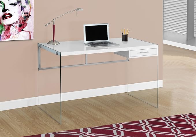 Penau Modern Computer Desk with Glass Frame 48 Inch Work Desk for Home Office Glossy White Laminate Storage Drawer Contemporary Style