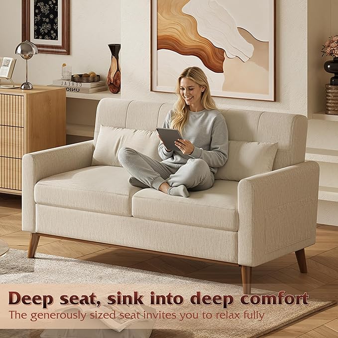 WLIVE 62 Loveseat Sofa Mid Century Modern Small Couches for Living Room Button Tufted Upholstered Couch for Bedroom Solid Wood Frame Easy to Install Furniture Beige
