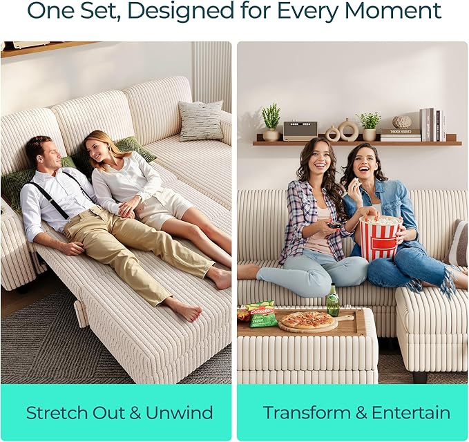 LINSY HOME Sectional Sleeper Sofa with Pull Out Couch Bed for Living Room (Beige) | Plush Corduroy Storage Ottoman Storage Chaise Pull Out Couch USB Charging