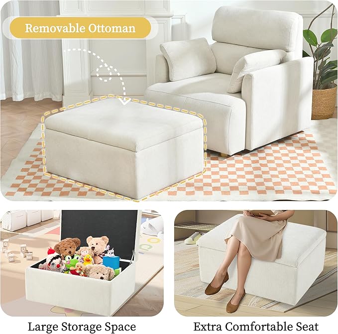Modern Oversized Accent Chair with Storage Ottoman &amp Side Pillows Snowflake Fleece Upholstered Chaise Lounge Chair Deep Seat Reading Chair for Living Room 350lbs Capacity