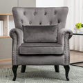 Kmax Velvet Tufted Accent Chair Mid Century Oversized Chair Comfy Sofa Chair Padded Seating WingBack Unique Wood Legs Home Club Bedroom Living Room Grey