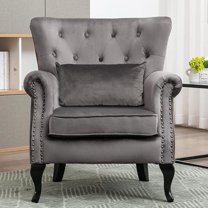 Kmax Velvet Tufted Accent Chair Mid Century Oversized Chair Comfy Sofa Chair Padded Seating WingBack Unique Wood Legs Home Club Bedroom Living Room Grey