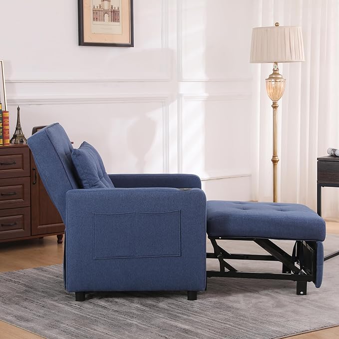 3-in-1 Convertible Sleeper Chair Pull-Out Chair Sleeper with USB Ports and Side Pocket Adult Chair Beds Adjustable Sofa Bed Chairs for Living Rooms and Small Spaces Navy Blue
